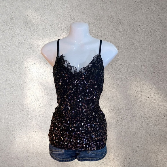 VTG 90s VIVIEN CARON SEQUIN LACE TRIM CAMI TOP - Picture 1 of 4